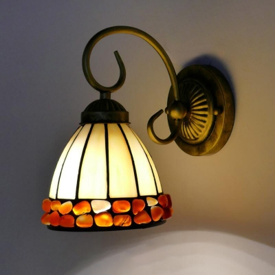 Stained Glass White/Beige/Green Sconce Light Domed Shade 1 Light Mediterranean Wall Mounted Lighting