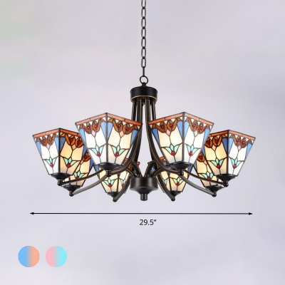 Tiffany Pyramid Chandelier Lamp 3/6/8 Heads Stained Art Glass Pendant Ceiling Light in Blue and Orange/Pink and Blue