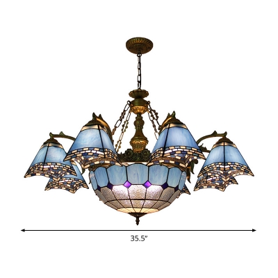 Tiffany-Style Pyramid Chandelier 9/11 Heads Stained Glass Ceiling Hang Fixture in Blue for Living Room