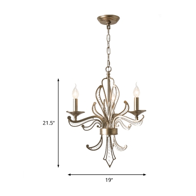Traditionary Candle Chandelier Pendant Light Metal 3 Heads Antique Brass Hanging Light with Clear Crystal Bead