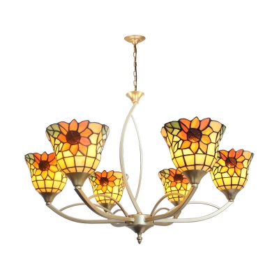 White Arched Chandelier Light Tiffany 6/8 Bulbs Handcrafted Stained Glass Down Lighting Pendant for Living Room