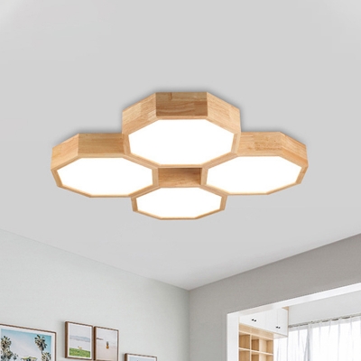 Wood Octagon Shaped Ceiling Flush Mount Modern Style 4 Lights Flushmount Lighting in Beige