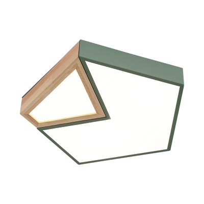 Wood Pentagon Flush Mount Lighting Minimalist White/Green LED Ceiling Light Fixture, Warm/White Light