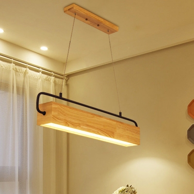 Wood Rectangle Ceiling Chandelier Nordic Beige LED Hanging Light Fixture in Warm Light, 27.5