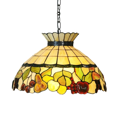 Yellow Stained Glass Pendant Chandelier Domed Shade 3 Lights Mediterranean Hanging Ceiling Light for Kitchen