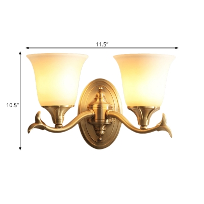 1/2-Bulb Wall Mount Lighting with Bell Shade White Glass Classic Stylish Bedroom Wall Sconce in Brass