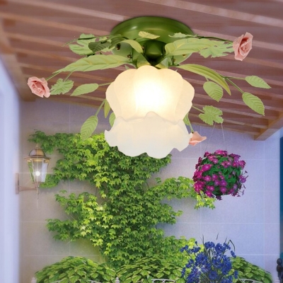 1 Bulb Scalloped Ceiling Flush Mount Traditional Green Satin Opal Glass Semi Mount Lighting for Bedroom