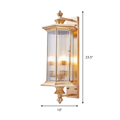 1 Bulb Wall Lantern Vintage Faceted Ribbed/Panel Clear/Tan Glass Sconce Light Fixture with Arm