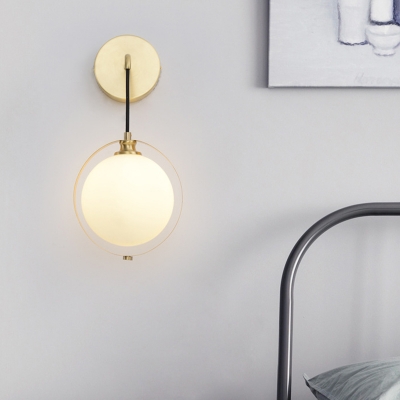 1 Head Bedroom Sconce Modern Brass Wall Mount Light Fixture with Orb Opal Glass Shade