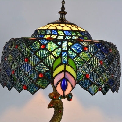 1 Head Peacock Desk Light Tiffany Brass Hand-Crafted Glass Task Light for Reading Room