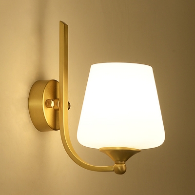 1 Head Wall Sconce Fixture Modern Style Tapered Shade Milky Glass Wall Lighting in Brass for Bedroom