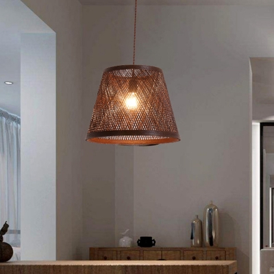 1 Light Indoor Ceiling Pendant Light Contemporary Brown Down Lighting with Conical Rattan Shade