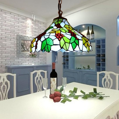 1 Light Pendant Light Tiffany Grapes Cut Glass Suspension Lighting Fixture in Green for Dining Room