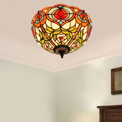 2/3/5 Heads Bedroom Ceiling Mounted Fixture Baroque White and Green Flush Mount Lamp with Bowl Stained Glass, 12