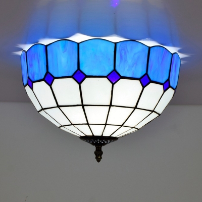 2 Lights Dome Ceiling Lighting Tiffany Blue/Yellow Stained Glass Flush Mount Light for Bathroom