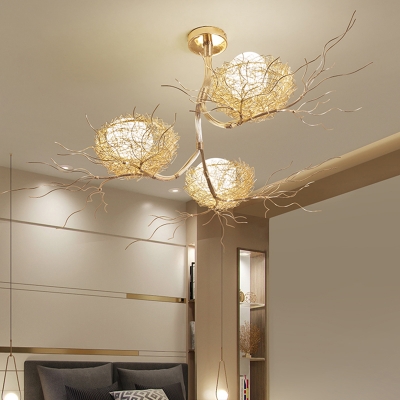 3 Lights Branch Hanging Ceiling Light with Metal Nest and Egg White Glass Shade Modern Suspension Light