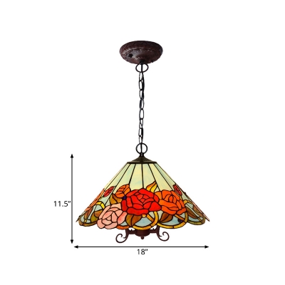 3 Lights Living Room Chandelier Light Fixture Tiffany Black Drop Pendant with Flower Red Cut Glass Shade