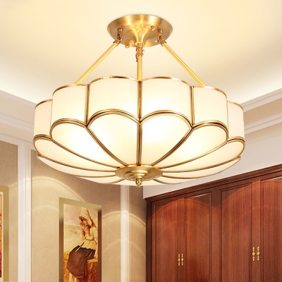 4/6 Bulbs Scalloped Semi Flush Mount Traditionalist Brass Metal Ceiling Lamp with Curved Frosted Glass Shade, 18