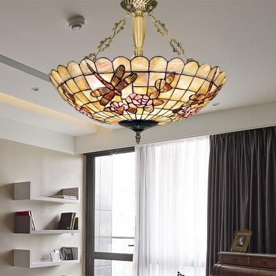 4 Lights Dragonfly Semi Flush Mount Light Brass Shell Ceiling Fixture for Bedroom