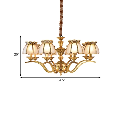 6 Heads Bowl Chandelier Lighting Colonial Frosted Glass Pendant Light Fixture in Brass with Curved Metal Arm