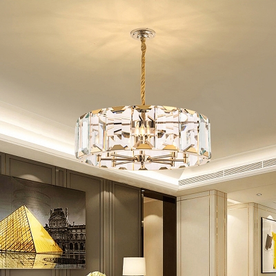 6 Heads Drum Chandelier Lighting Traditional Gold Crystal Panel Hanging Ceiling Light