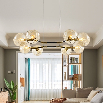 8 Bulbs Living Room Chandelier Lamp Modern Gold Hanging Ceiling Light with Globe Amber Glass Shade