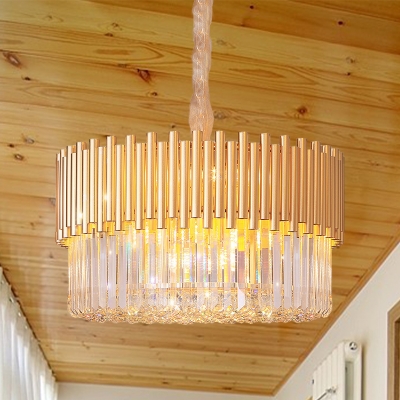 8-Light LED Living Room Chandelier Lighting Gold Ceiling Hang Fixture with Drum Crystal Shade