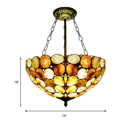 Antique Brass 3 Lights Semi Flush Mount Light Tiffany Style Stone Bowl Ceiling Lamp for Corridor