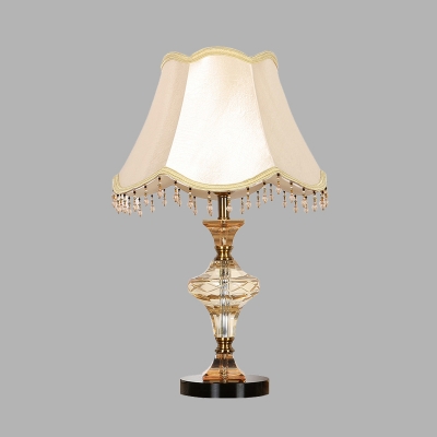 Beige Bell Nightstand Light Traditionalism Fabric 1 Light Living Room Table Lamp with Crystal Draping