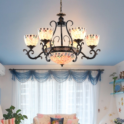 Black Dome Chandelier Light Fixture Tiffany 3/5/9 Bulbs Hand Rolled Art Glass Pendant Light Kit for Bedroom