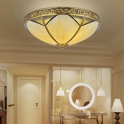 Brass 3 Heads Flush Mount Lamp Traditionalism Sandblasted Glass Dome Ceiling Fixture for Bedroom