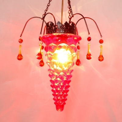 Bronze 1 Light Pendant Lighting Moroccan Red/Green/Blue Textured Glass Tapered Ceiling Suspension Lamp for Restaurant