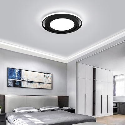 Circle Metal Ceiling Light Minimalist White/Black LED Flush Light Fixture in Remote Control Stepless Dimming/Warm/White Light, 18