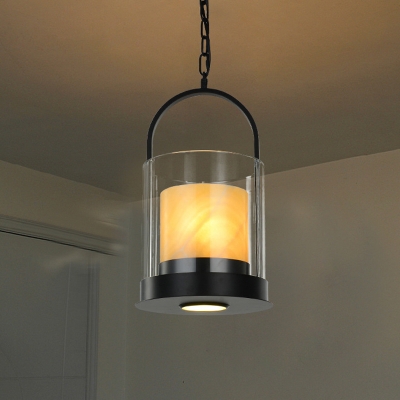 Clear Glass Cylinder Hanging Light Fixture Modern Style 2 Lights Indoor Ceiling Fixture with Inner Marble Shade