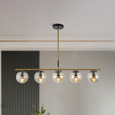 Cognac Glass Sphere Island Light Modernist 5 Heads Ceiling Suspension Lamp for Dining Room