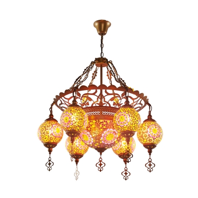 Colorful Glass Globe Hanging Chandelier Vintage 6 Lights Living Room Pendant Light in Gold