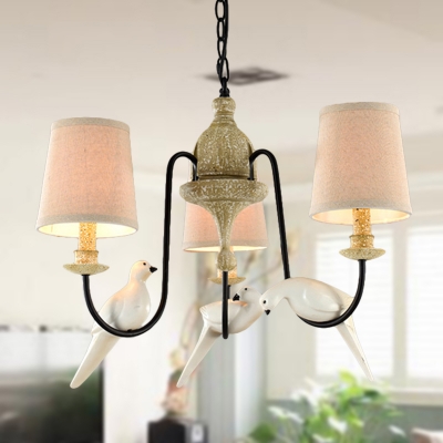 Contemporary Cone Fabric Chandelier Lamp 3/6 Lights Ceiling Pendant Light in Light Tan with Metal Bird Deco