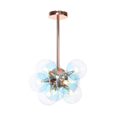 Copper Globe Shaped Semi Flush Mount Contemporary 9 Lights Yellow/Blue/Green Glass for Living Room