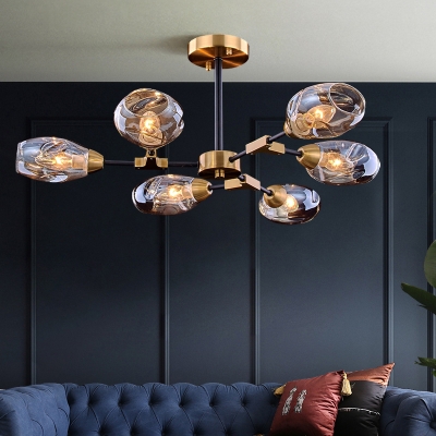Cup Hanging Chandelier Modern Dimpled Blown Glass 6 Heads Black-Gold Ceiling Pendant Light