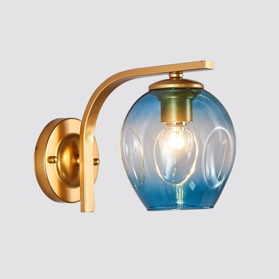 Cup Wall Lighting Modernism Blue/Green/Amber Glass 1 Head Sconce Light Fixture with Black/Gold Metal Curved Arm for Living Room