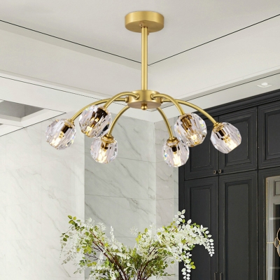 Gold 6 Heads Semi Flush Mount Traditional Faceted Crystal Sphere Ceiling Light Fixture