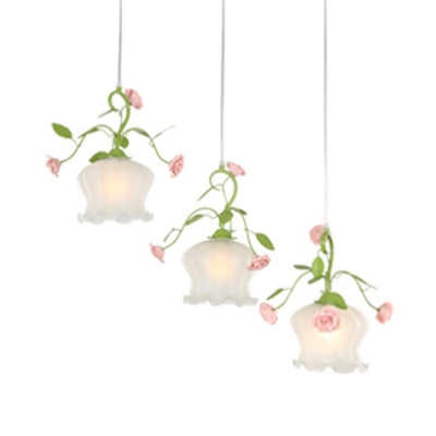 Green Floral Multi Light Pendant Traditional Ivory Glass 3 Heads Restaurant Down Lighting with Metal Round/Linear Canopy