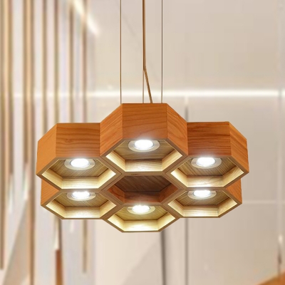 Honeycomb Wood Chandelier Pendant Light Modern 6 Lights Beige Suspension Light for Living Room