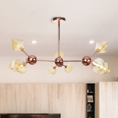 Industrial Style Diamond Chandelier Lighting Amber/Clear Glass 3/9/12-Bulb Dining Room Hanging Lamp, 13