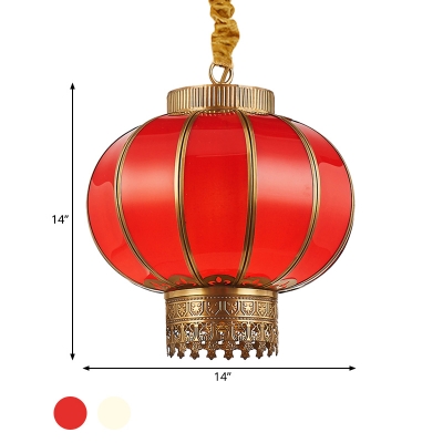 Lantern Dining Room Ceiling Pendant Traditional White/Red Glass 1 Head Hanging Light Fixture, 10