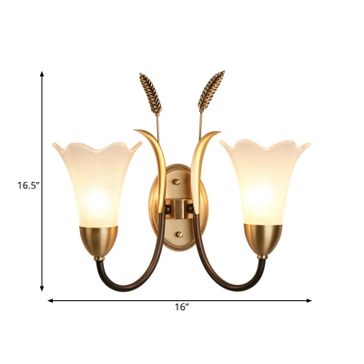 Metal Curved Wall Lamp Vintage Style 1/2-Light Living Room Brass Finish Sconce Lighting with Opal Glass Petal Shade