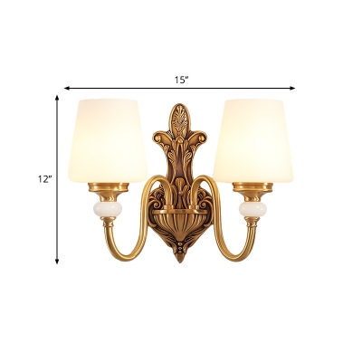 Metal Gold Wall Mounted Lamp Gooseneck 1/2-Light Vintage Style Sconce Light with Opal Glass Tapered Shade