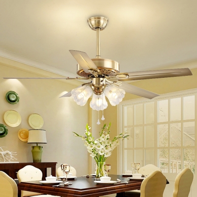 Milk Glass Gold Ceiling Fan Lamp Floral 3 Heads Traditional Semi Flush Mount Light for Living Room