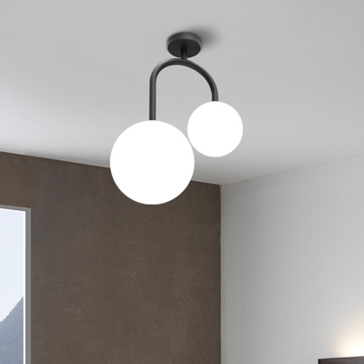 Milk Glass Spherical Semi Flush Contemporary 2 Heads Close to Ceiling Lamp in Black for Bedroom