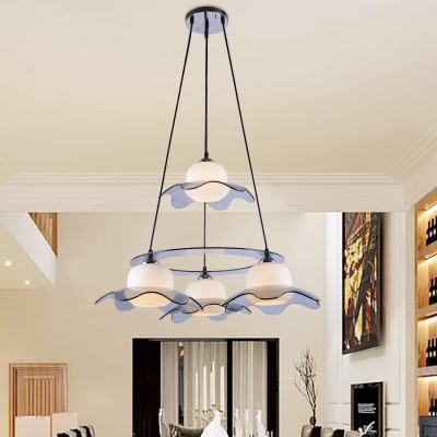 Modern Layered Chandelier Lamp Metal 4 Heads Living Room Hanging Light Kit with Flower/Star Blue Glass Shade